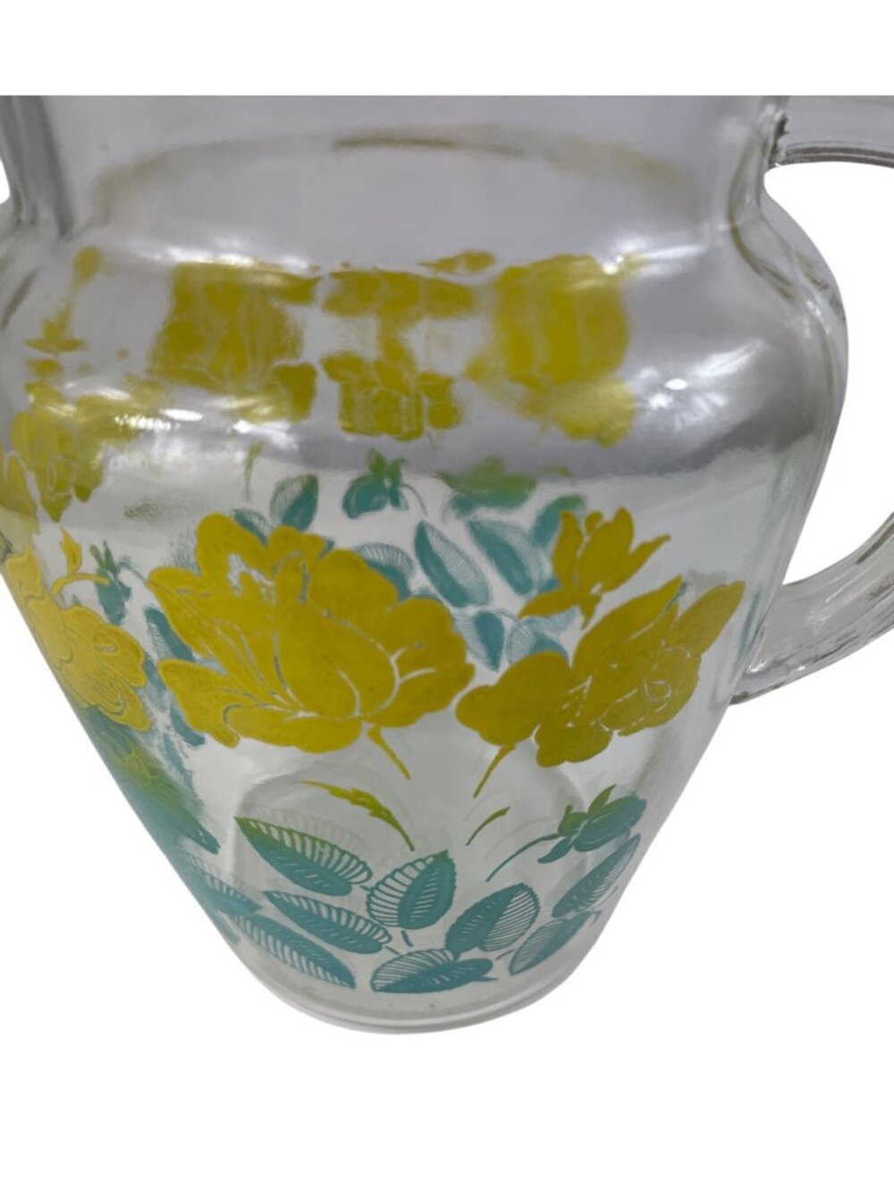 Vintage Federal Glass Pitcher Yellow Flowers Green Leaves Ice Lip Pour Spout - Picture 3 of 12